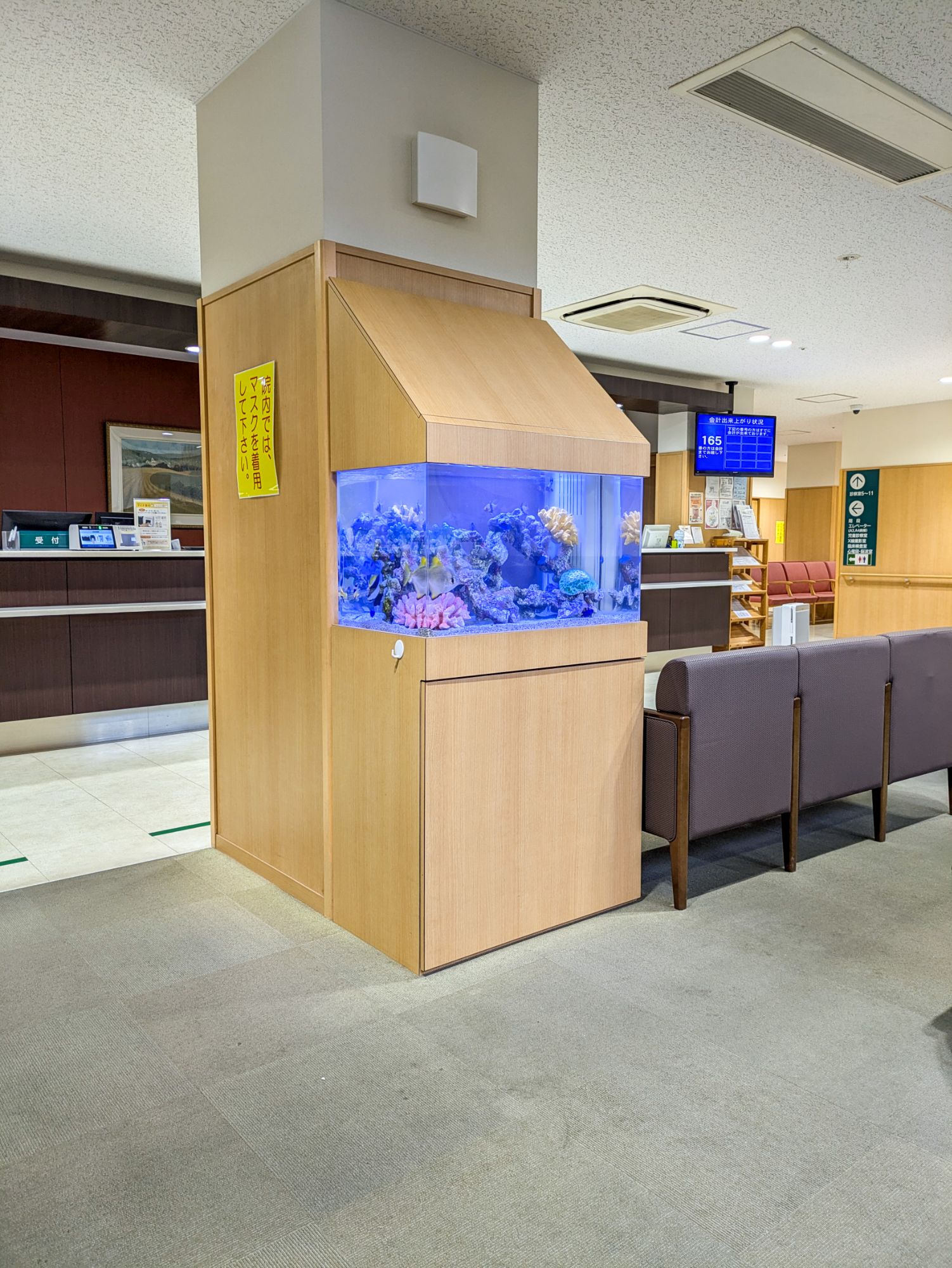 愛知県刈谷市の病院の待合室に設置されている海水魚水槽の写真